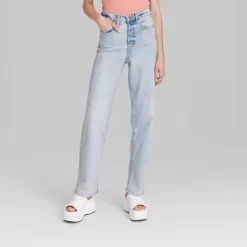Women's Super-High Rise Distressed Straight Jeans - Wild Fable™ Light Wash