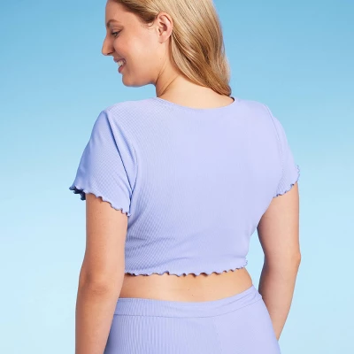 Women's Ruffle Detail Ribbed Short Sleeve Cropped Rashguard - Wild Fable⢠Purple - Image 3
