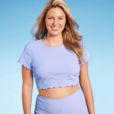 Women's Ruffle Detail Ribbed Short Sleeve Cropped Rashguard - Wild Fable⢠Purple - Image 2