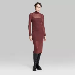 Women's Long Sleeve Lurex Mesh Midi Dress - Wild Fable⢠Burgundy