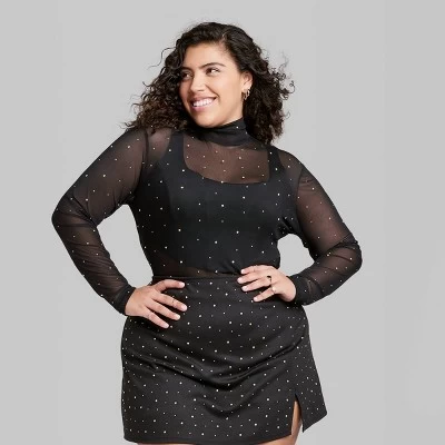 Women's Rhinestone Mesh Mock Turtleneck Top - Wild Fableā¢