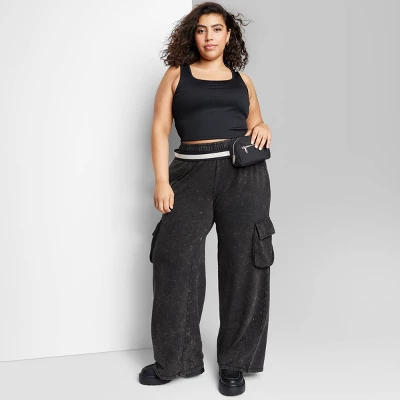 Women's High-Rise Wide Leg Fleece Cargo Pants - Wild Fable⢠- Image 3