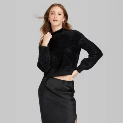 Women's Mock Turtleneck Fuzzy Boxy Pullover Sweater - Wild Fable™