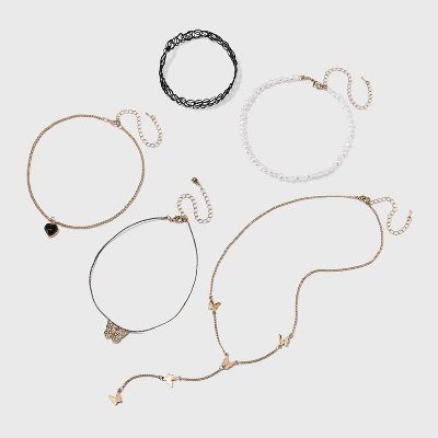 Butterfly And Pearl Heart Choker Necklace Set 5pc - Wild Fable⢠Gold