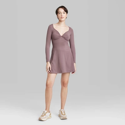 Women's Long Sleeve Twist-Front Mini Knit Skater Dress - Wild Fableā¢