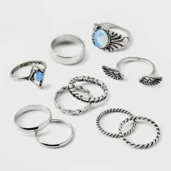 Moonstone And Frozen Chain Wings Ring Set 10pc - Wild Fable™ Silver