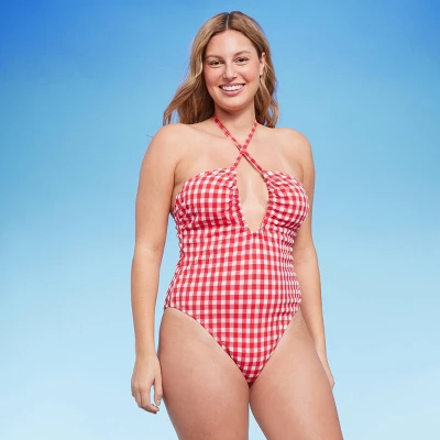 Women's Keyhole Cross Front Halter Ultra High Leg Cheeky One Piece Swimsuit - Wild Fable⢠Red - Image 2