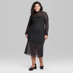 Women's Long Sleeve Rhinestone Mesh Midi Dress - Wild Fable⢠Black
