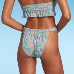 Women's Wide Strap Adjustable High Leg Bikini Bottom - Wild Fable™ Green Floral Print